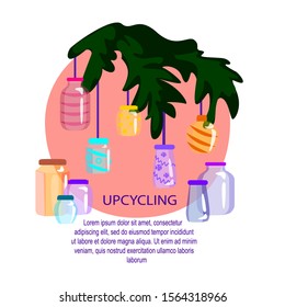 Upcycling Concept of reducing waste. Reuse of Utilized glass jars plastic bottles for Christmas fir tree decoration Creative Xmas ornaments spruce Recycling and reutilization Flat vector illustration