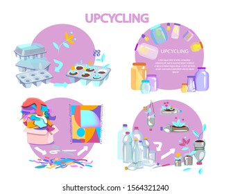 Upcycling Concept of reducing waste. Reuse of Utilized egg box container, plastic bottles for plants, clothes for carpet, glass jars for lighting Recycling and reutilization. Flat vector illustration