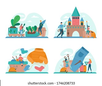 Upcycling concept set. Eco tips for reducing waste. Reuse and utilizing trash. Second life for old stuff. Isolated vector illustration