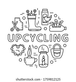 Upcycling contour round template for print bag, poster, banner. Reuse of waste, old things. DIY emblem. Environment concept. Line art icons with lettering. Black vector illustration, white background