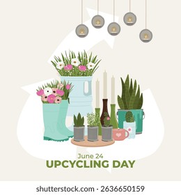 Upcycling day. Set of upcycling elements. Handmade and DIY secondary use. Ecological, reasonable consumption and sustainable life concept. Hand drawn vector illustration.