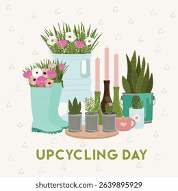 Upcycling day. Set of upcycling elements. Handmade and DIY secondary use. Ecological, reasonable consumption and sustainable life concept. Hand drawn vector illustration.