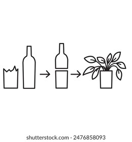 Upcycling glass bottle.Upcycle concept.Glass upcycle.Secondary use of glass bottles as a vase and a pot.Eco tips for reducing waste. Zero waste.Upcycling craft ideas.Reuse of utilized.Potting creation