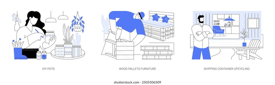 Conjunto de Ilustraciones vectoriales de dibujos animados aislados de hobby de suprareciclaje. Mujer pintando macetas de bricolaje, crear muebles de paletas de madera hechos a mano, reconstruir el contenedor de envío, dibujos animados de Vector de diseño de área de patio trasero.