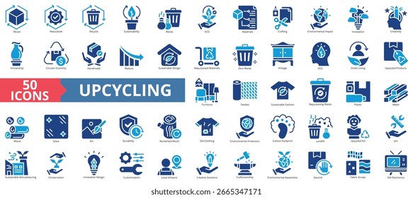 Conjunto de iconos de suprareciclaje colección de estilo plano. Contiene reutilización, reutilización, reciclaje, sostenibilidad, residuos, eco, materiales, artesanía, impacto ambiental, innovación