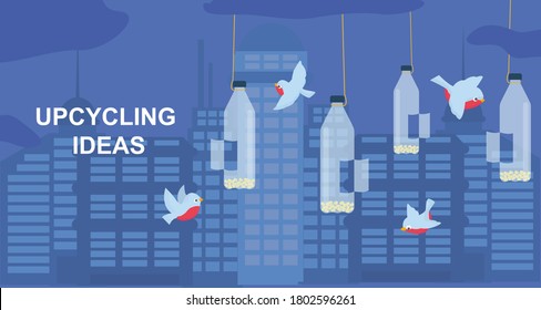 Upcycling ideas concept. Vector illustration of plastic bottles used as bird feeders on blue background with cityscape. Panorama