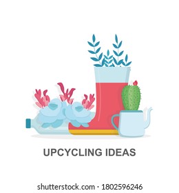 Upcycling ideas to save Earth. Houseplants growing in old plastic bottle, shoe and teapot on white background, vector illustration