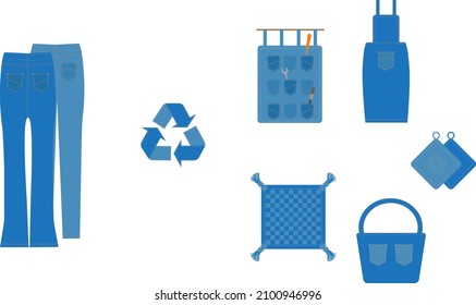 Upcycling of jeans vector illustration. Upcycling set for decor.