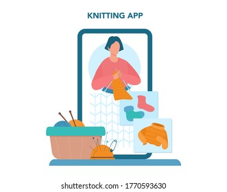 Upcycling online service or platform. Eco tips for reducing waste. Second life for old stuff. Knitting app. Isolated vector illustration