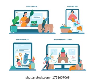 Upcycling online service or platform set. Eco tips for reducing waste. Second life for old stuff. Video lesson, knitting app, upcycling blog, children's crafting course. Isolated vector illustration