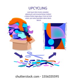 Upcycling of Outworn clothes into new bright knitted carpet process. Reuse of textile materials for new creation. Illustration of recycling and reutilization. Reducing waste. Flat vector illustration