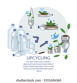 Upcycling plastic bottles cutting utilized jar to plant seedling and flowers. Potting creation. Vertical gardening. Illustration of recycling and reutilization. Reducing waste Flat vector illustration