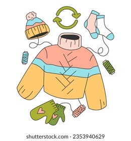 Upcycling. Process and technique of reuse and utilizing waste. Zero waste craft idea. Second life for old stuff. Sustainability idea. Flat vector illustration