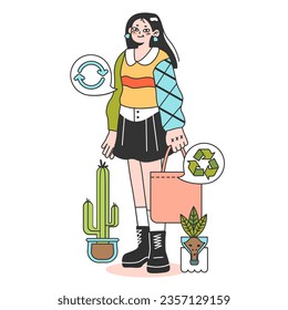 Upcycling. Process and technique of reuse and utilizing waste. Zero waste craft idea. Second life for old stuff. Sustainability idea. Flat vector illustration