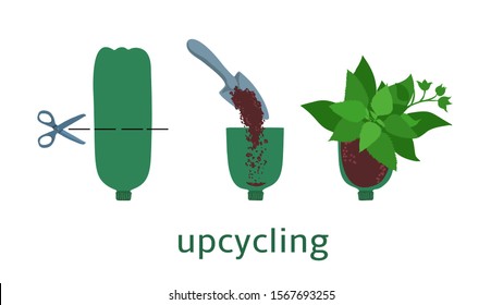 Upcycling, reuse concept. Secondary use of plastic bottle in garden pot with green plants. Vector zero waste, ecology design