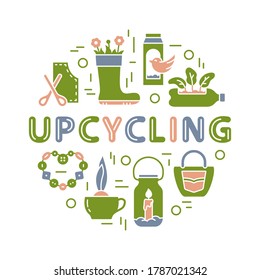 Upcycling silhouette round template for poster, banner. DIY outline emblem. Green bag print. Reuse of waste old things. Environment concept. Cutout flat icons with lettering. Color vector illustration