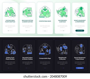 Upcycling trend onboarding mobile app page screen. Garbage recycling walkthrough 5 steps graphic instructions with concepts. UI, UX, GUI vector template with linear night and day mode illustrations
