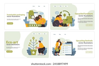 Upcycling Vector Illustration Set. A compelling visual set that includes eco-art, sustainable packaging, upcycled furniture, and festival planning to inspire eco-conscious choices.