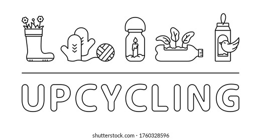Upcycling web banner. Graphic horizontal rectangular template. Thin linear icons set with text. Collection of handmade things. Black vector illustration, white background. Contour isolated pictogram