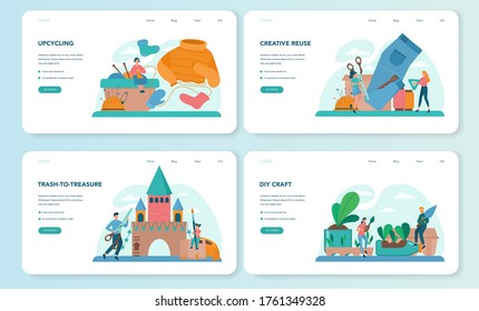 Upcycling web banner or landing page set. Eco tips for reducing waste. Reuse and utilizing trash. Second life for old stuff. Isolated vector illustration