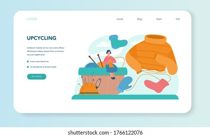Upcycling web banner or landing page. Eco tips for reducing waste. Reuse and utilizing trash. Second life for old stuff. Isolated vector illustration