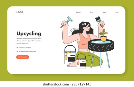 Upcycling web banner or landing page. Process and technique of reuse and utilizing waste. Zero waste craft idea. Second life for old stuff. Sustainability idea. Flat vector illustration