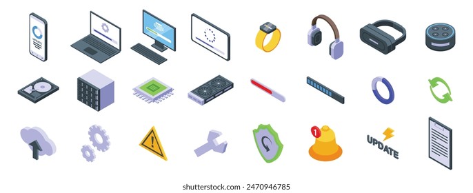 Update app software icons isometric set vector. A collection of technology icons including a laptop, tablet, smart watch, and a virtual reality headset