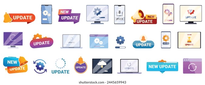 Update app software icons set cartoon vector. Platform system. Use loading