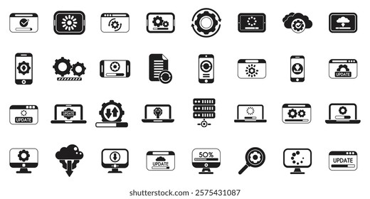 Update app software icons set. Set of vector icons representing software updates, system upgrades, and application patching processes
