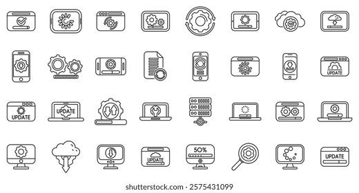 Update app software icons set. System upgrade and progress update icons showing software installation, download, and configuration changes