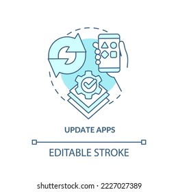 Icono de concepto turquesa de aplicaciones de actualización. Descargar la última versión del software. Ilustración de línea delgada de idea abstracta de seguridad móvil. Dibujo de contorno aislado. Trazo editable. Fuentes Arial, Myriad Pro-Bold utilizadas