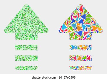 Update arrow mosaic icon of triangle items which have different sizes and shapes and colors. Geometric abstract vector design concept of update arrow.