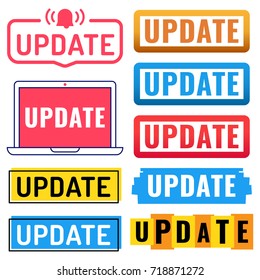 Update. Badge, button icons, stamp set. Vector illustrations on white background. Business concept for social media marketing.
