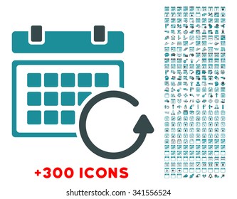 Update Binder vector icon with additional 300 date and time management pictograms. Style is bicolor flat symbols, soft blue colors, rounded angles, white background.