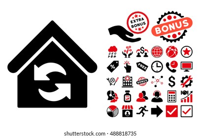 Update Building icon with bonus images. Vector illustration style is flat iconic bicolor symbols, intensive red and black colors, white background.