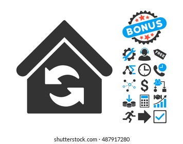 Update Building icon with bonus icon set. Vector illustration style is flat iconic bicolor symbols, blue and gray colors, white background.