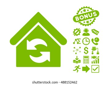 Update Building pictograph with bonus icon set. Vector illustration style is flat iconic symbols, eco green color, white background.