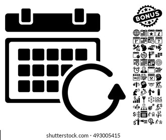 Update Calendar icon with bonus calendar and time management icon set. Vector illustration style is flat iconic symbols, black color, white background.