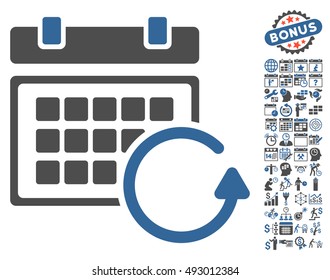 Update Calendar icon with bonus calendar and time management icon set. Vector illustration style is flat iconic bicolor symbols, cobalt and gray colors, white background.