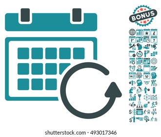 Update Calendar icon with bonus calendar and time management icon set. Vector illustration style is flat iconic bicolor symbols, soft blue colors, white background.
