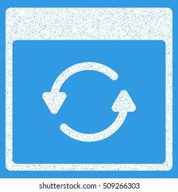 Update Calendar Page grainy textured icon for overlay watermark stamps. Flat symbol with unclean texture. Dotted vector white ink rubber seal stamp with grunge design on a blue background.