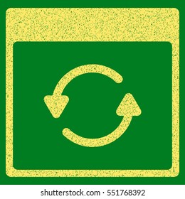 Update Calendar Page grainy textured icon for overlay watermark stamps. Flat symbol with unclean texture. Dotted vector yellow ink rubber seal stamp with grunge design on a green background.