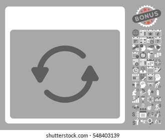 Update Calendar Page icon with bonus calendar and time management graphic icons. Vector illustration style is flat iconic symbols, dark gray and white, silver background.