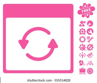 Update Calendar Page icon with bonus options symbols. Vector illustration style is flat iconic symbols, pink, white background.