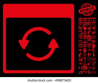 Update Calendar Page pictograph with bonus calendar and time management graphic icons. Vector illustration style is flat iconic symbols, red, black background.