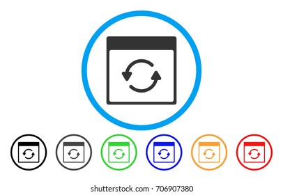 Update Calendar Page vector rounded icon. Image style is a flat gray icon symbol inside a blue circle. Additional color versions are grey, black, blue, green, red, orange.