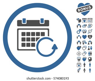 Update Calendar pictograph with bonus amour pictures. Vector illustration style is flat rounded iconic cobalt and gray symbols on white background.