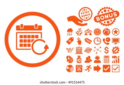 Update Calendar pictograph with bonus clip art. Vector illustration style is flat iconic symbols, orange color, white background.