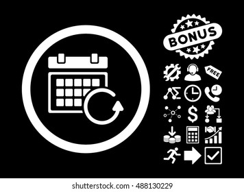Update Calendar pictograph with bonus elements. Vector illustration style is flat iconic symbols, white color, black background.
