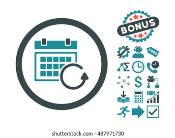 Update Calendar pictograph with bonus icon set. Vector illustration style is flat iconic bicolor symbols, soft blue colors, white background.